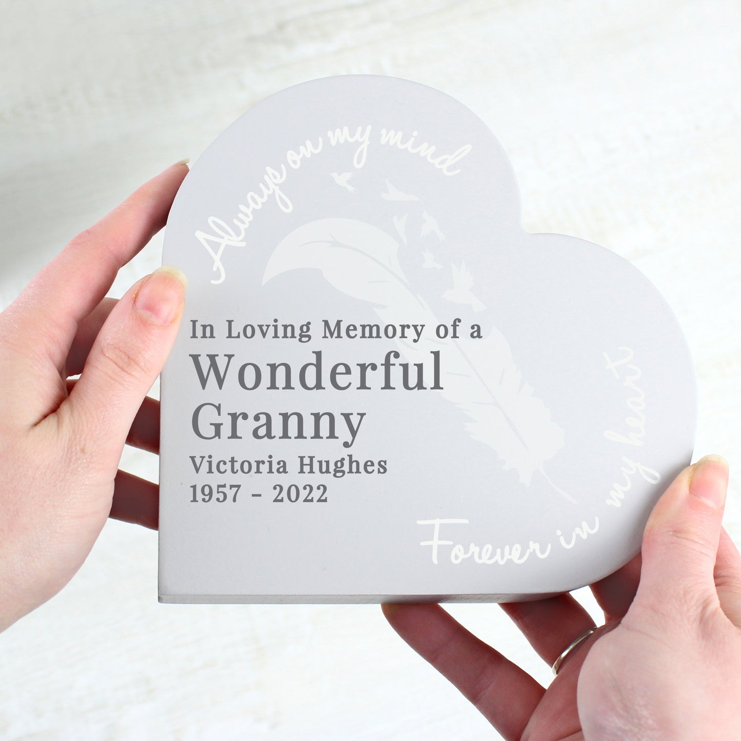 Personalised Feather (Memorial) Free Standing Wooden Heart Ornament