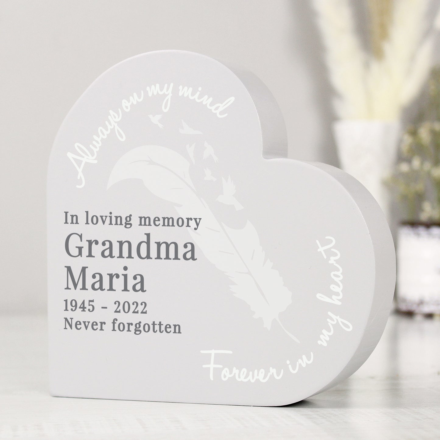 Personalised Feather (Memorial) Free Standing Wooden Heart Ornament