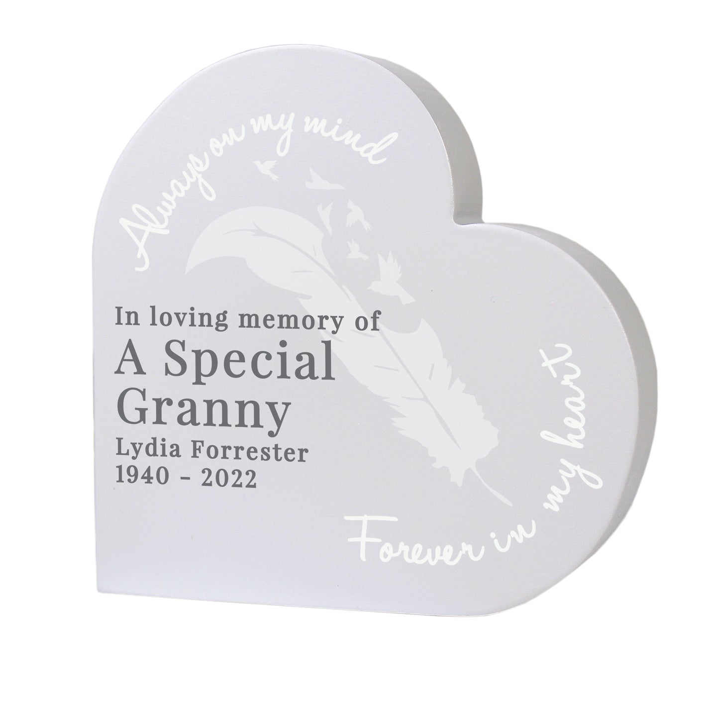 Personalised Feather (Memorial) Free Standing Wooden Heart Ornament