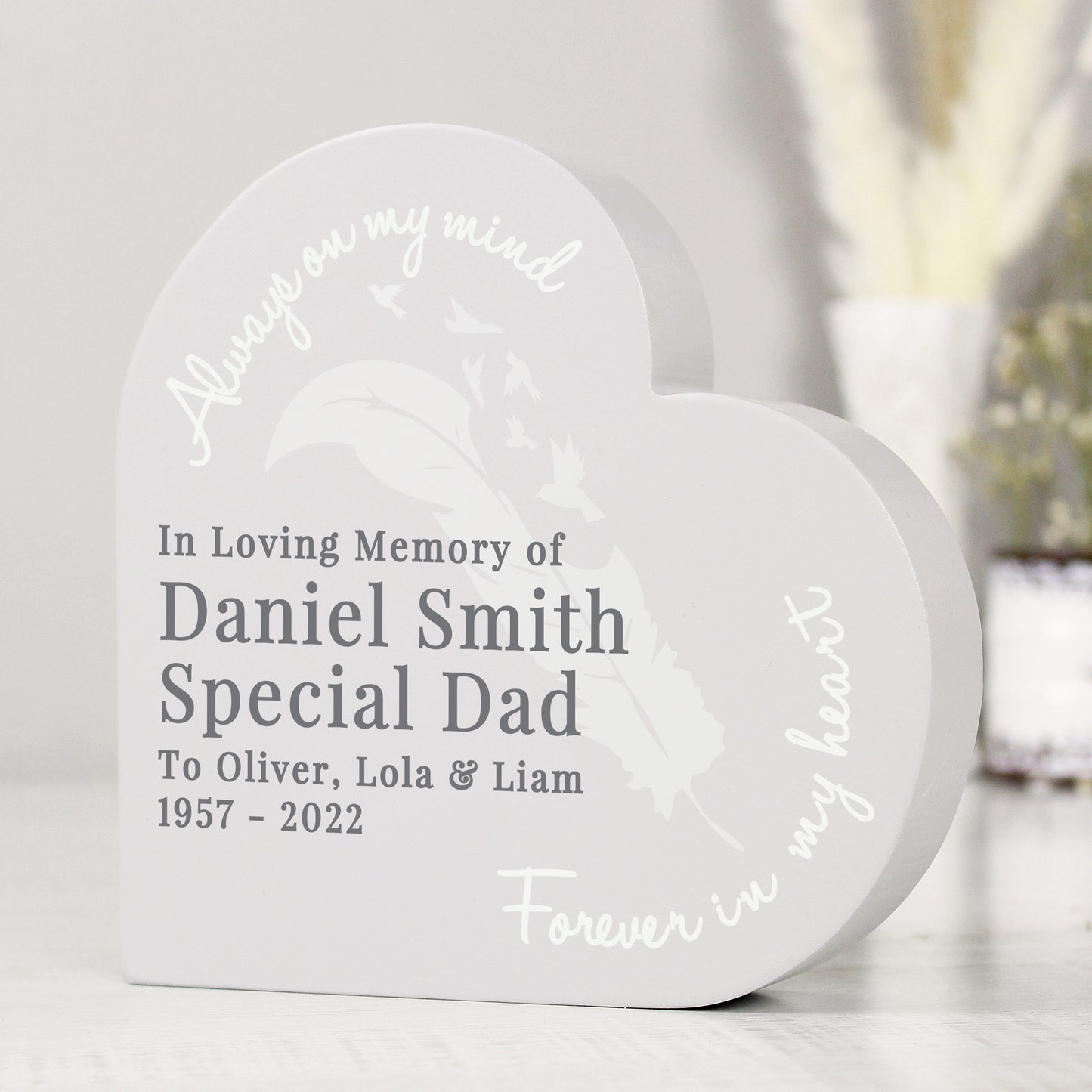 Personalised Feather (Memorial) Free Standing Wooden Heart Ornament