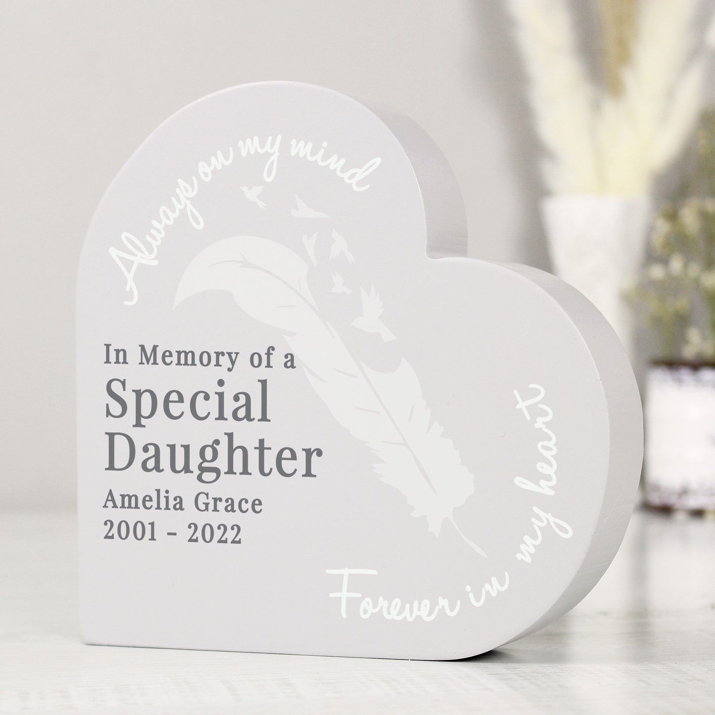 Personalised Feather (Memorial) Free Standing Wooden Heart Ornament