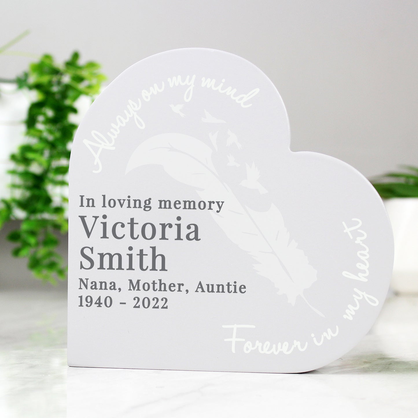 Personalised Feather (Memorial) Free Standing Wooden Heart Ornament