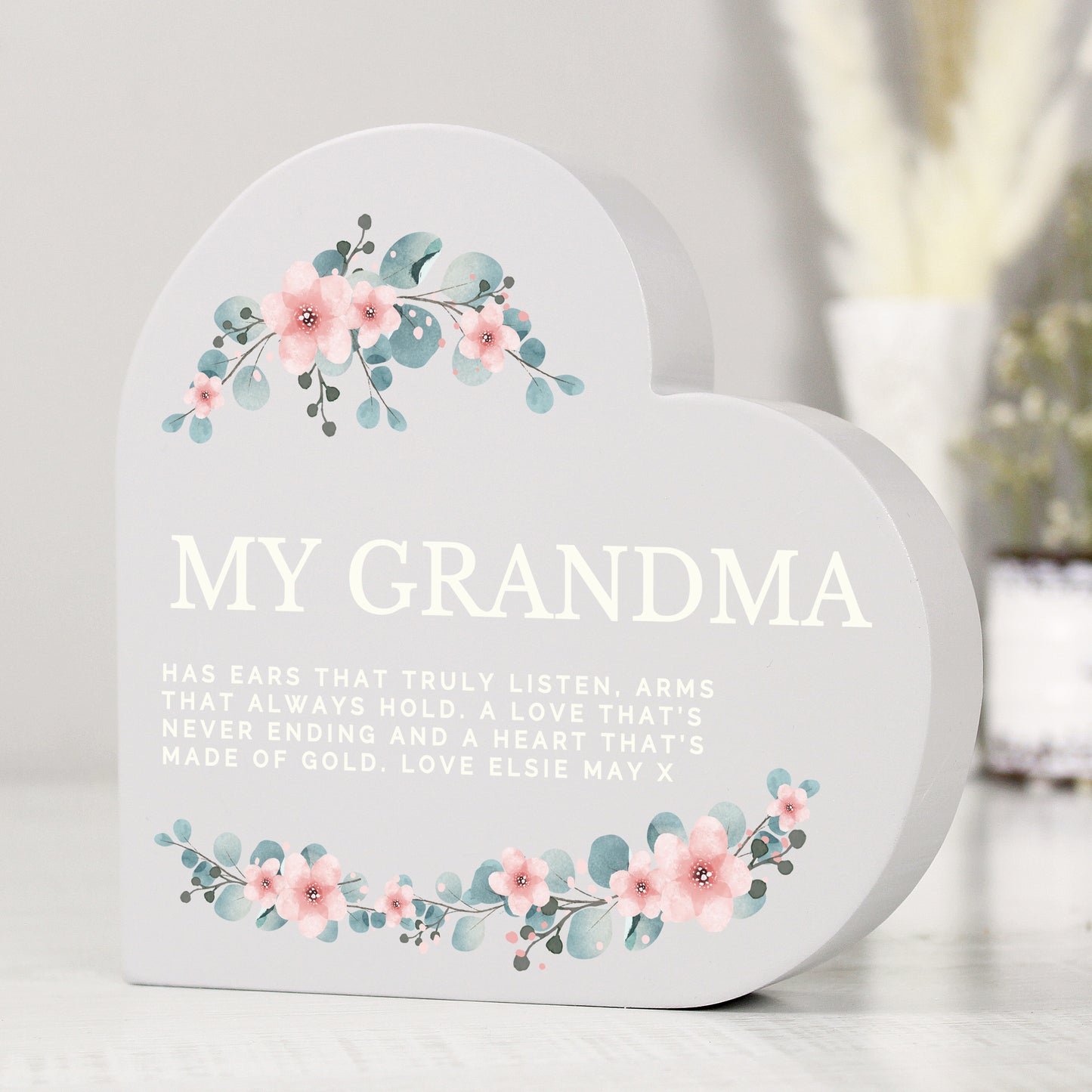 Personalised Floral Free Standing Wooden Heart Ornament