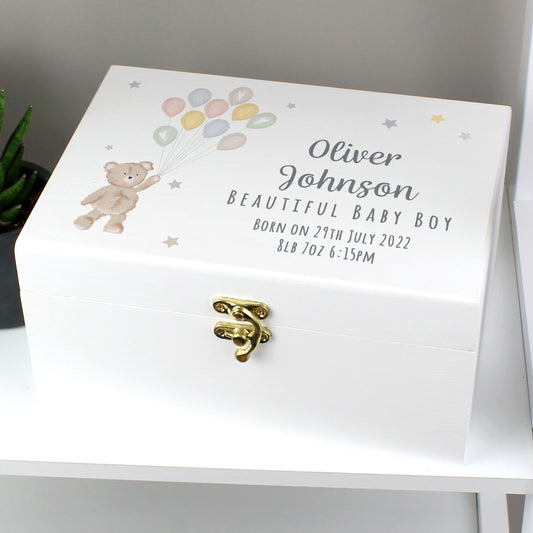 Personalised Teddy and Balloons White Wooden Keepsake Box