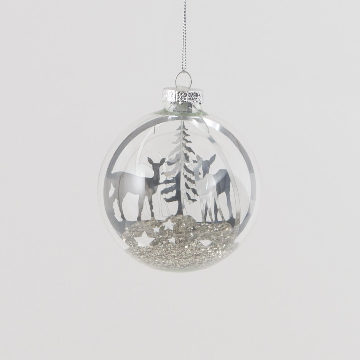 Silver Woodland Deer Scene Glass Christmas Bauble