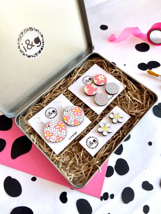 Eco Friendly - Hand Painted Wooden Earrings Gift Set - Floral Collection