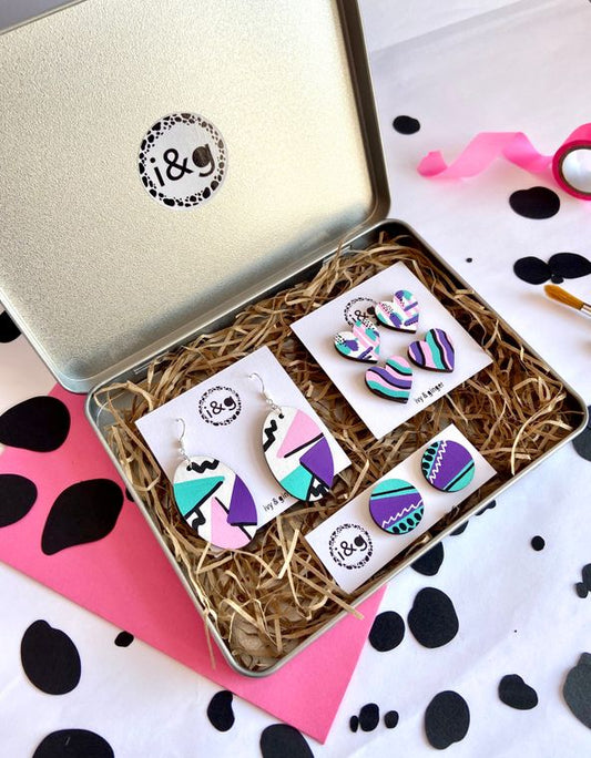 Eco Friendly - Hand Painted Wooden Earrings Gift Set - 80’s Collection