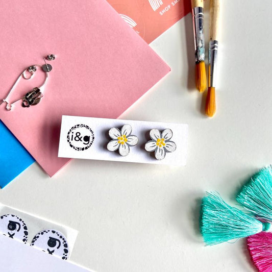 Daisy Flower Stud Set - Hand Painted Wooden Earrings