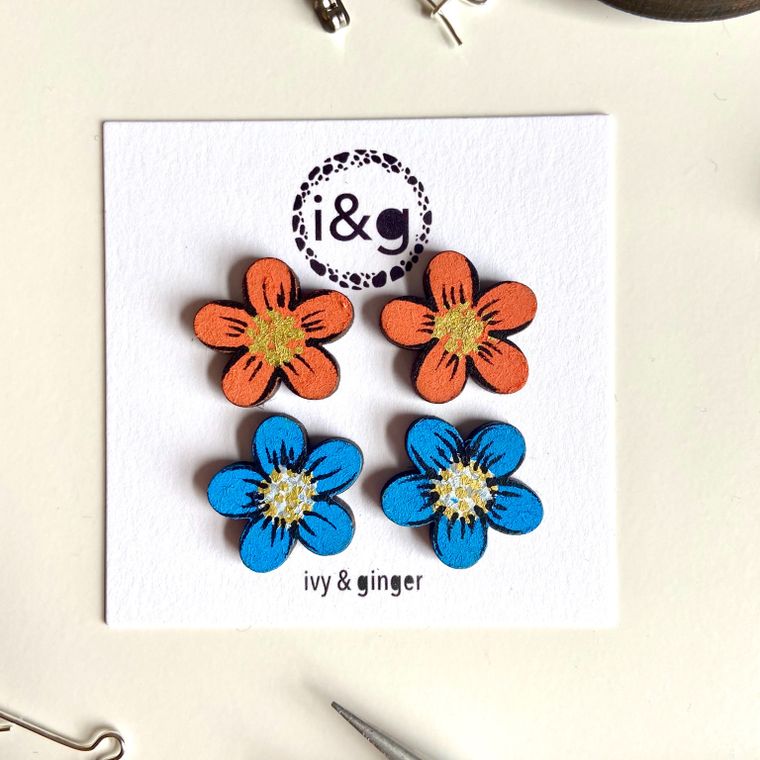 Orange and Blue Flower Stud Set Hand Painted Wooden Earrings