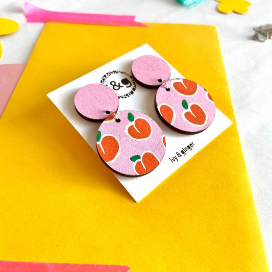 Pink Peaches Drop Circle Hand Painted Wooden Earrings