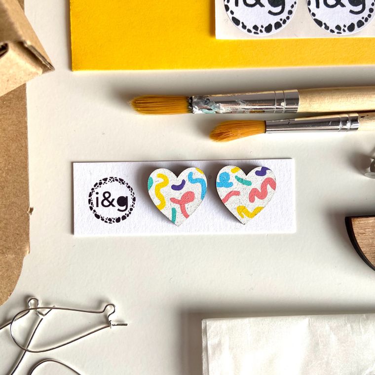 Scribble Hearts Hand Painted Wooden Earrings