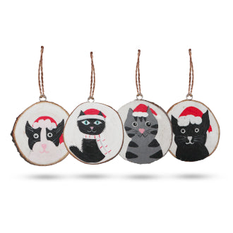 Set of 4 'Christmas Cats' Hand Painted Log Christmas Baubles