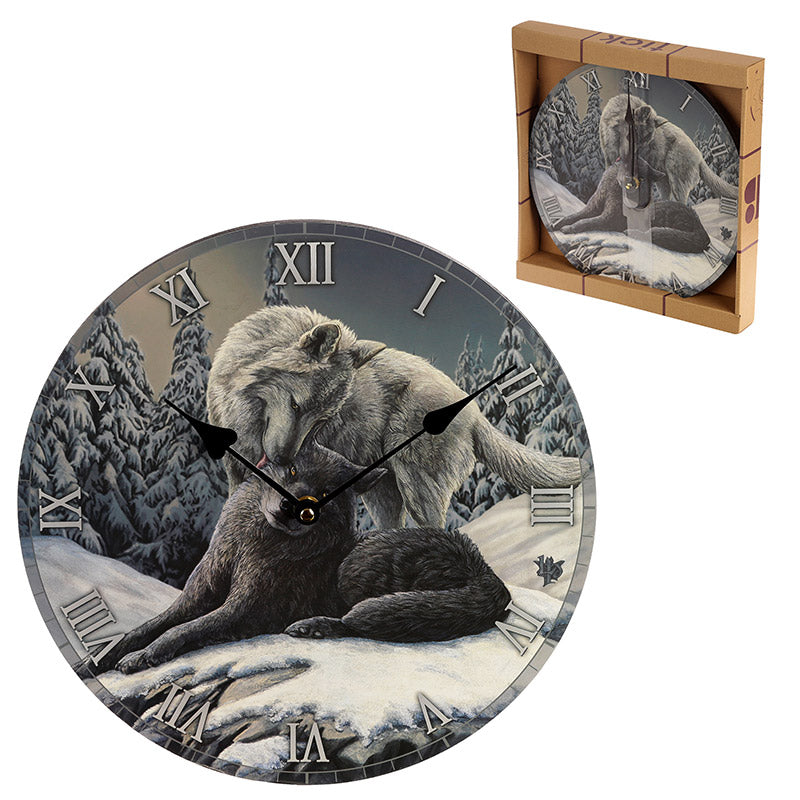 'Snow Kisses' Wooden Wall Clock - A Lisa Parker Wolf Design