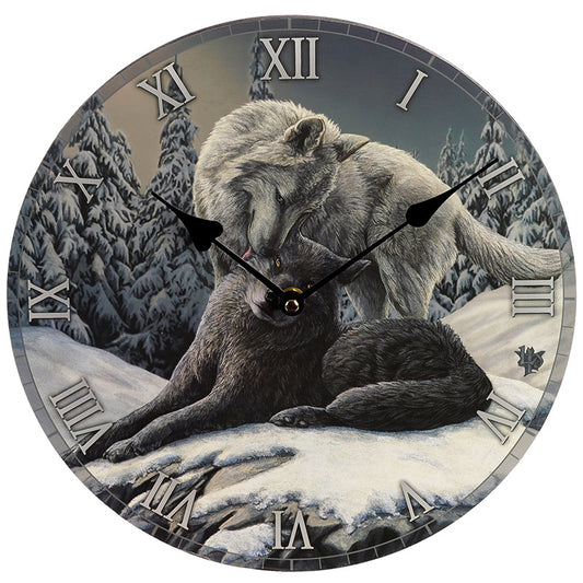 'Snow Kisses' Wooden Wall Clock - A Lisa Parker Wolf Design