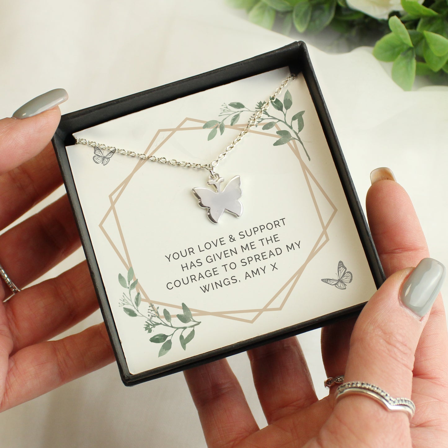 Personalised Botanical Sentiment Card & Butterfly Necklace - Any Occasion