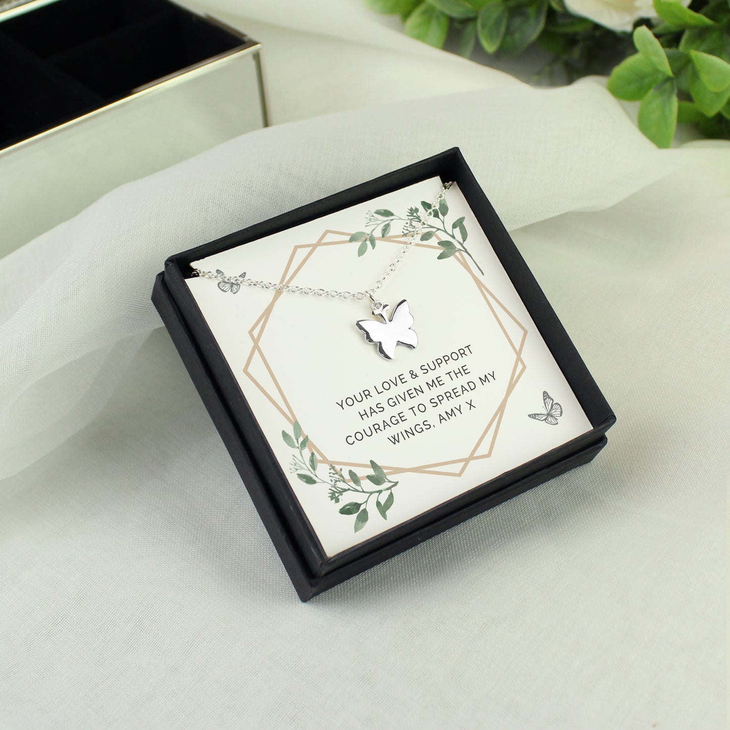 Personalised Botanical Sentiment Card & Butterfly Necklace - Any Occasion