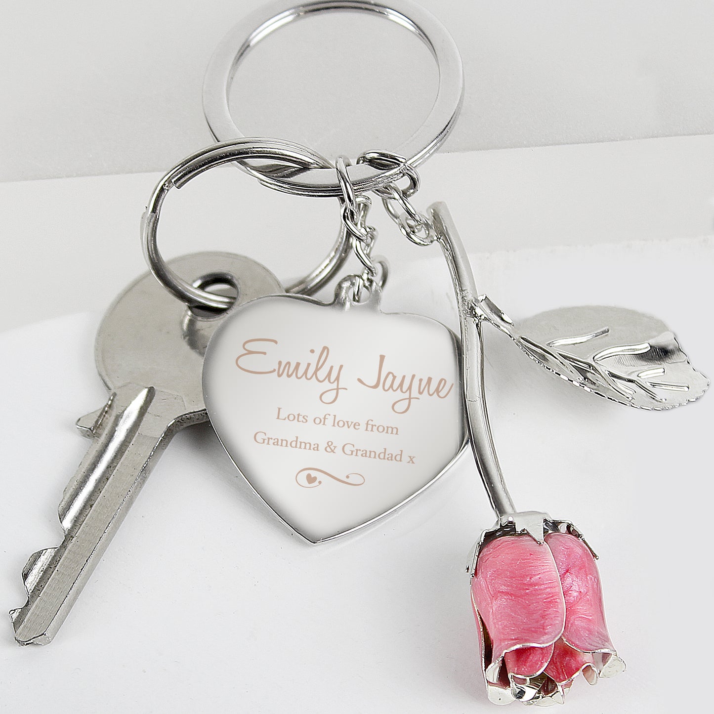 Personalised Silver Plated Swirls & Hearts Rose Colour Rose Keyring