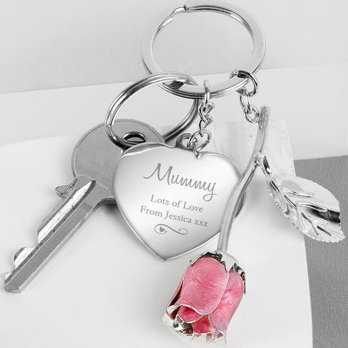Personalised Silver Plated Swirls & Hearts Rose Colour Rose Keyring