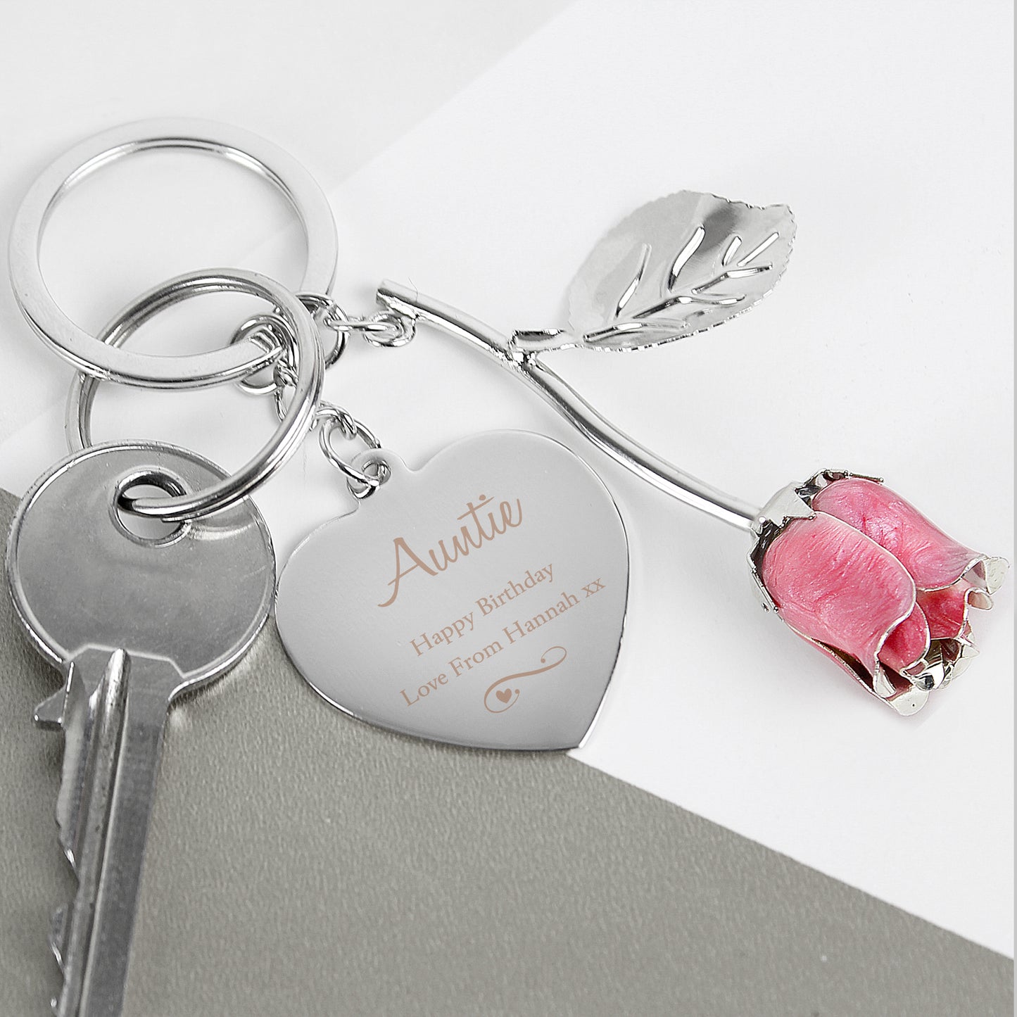 Personalised Silver Plated Swirls & Hearts Rose Colour Rose Keyring