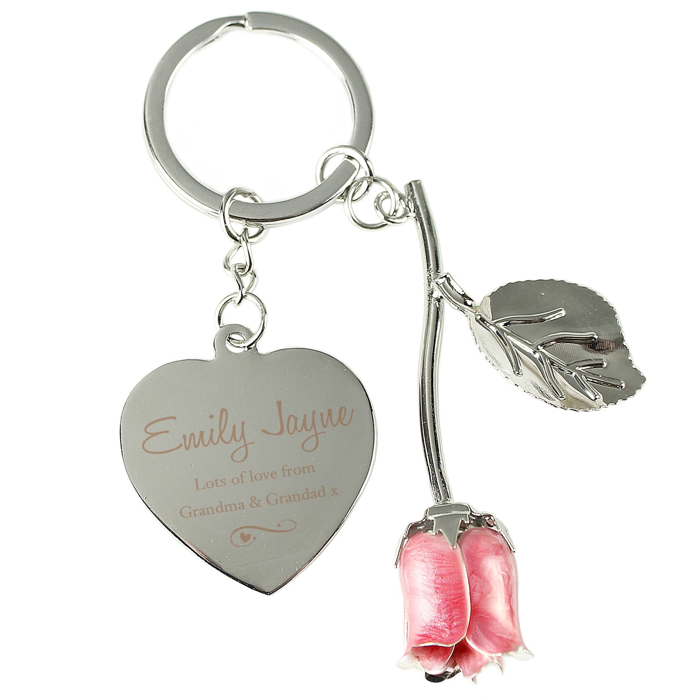 Personalised Silver Plated Swirls & Hearts Rose Colour Rose Keyring