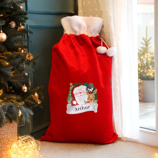 Updated Design: Personalised Santa plus Rudolph Pom Pom Christmas Sack