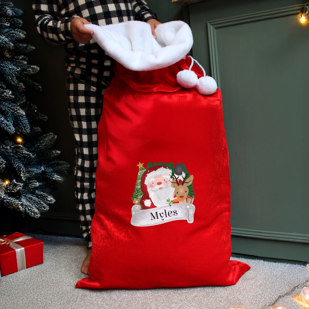 Updated Design: Personalised Santa plus Rudolph Pom Pom Christmas Sack