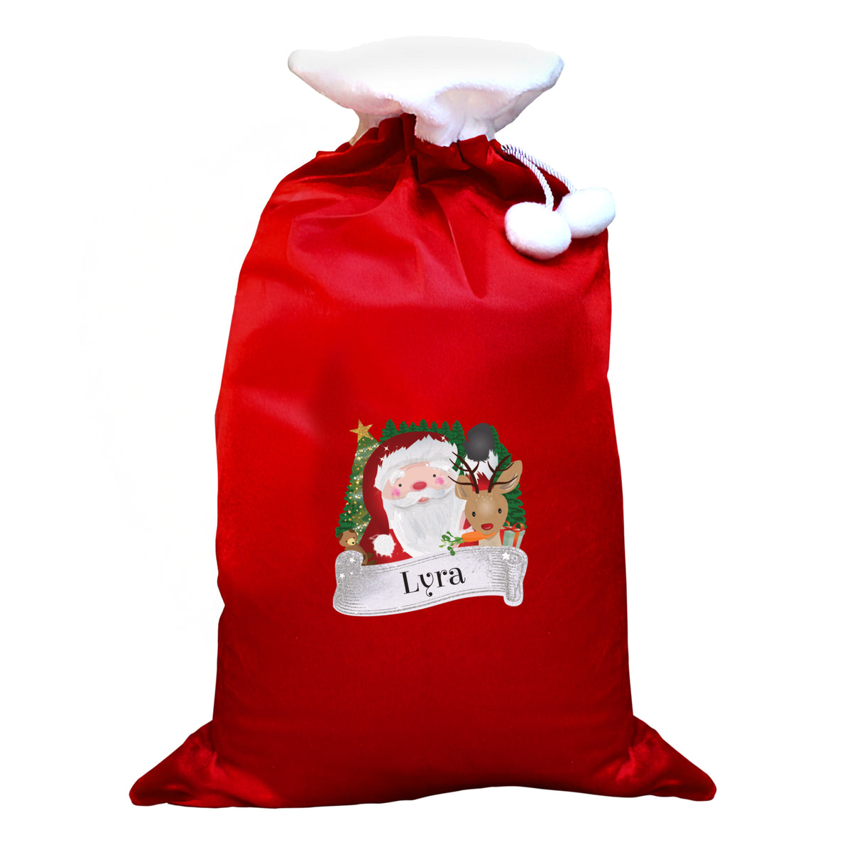 Updated Design: Personalised Santa plus Rudolph Pom Pom Christmas Sack