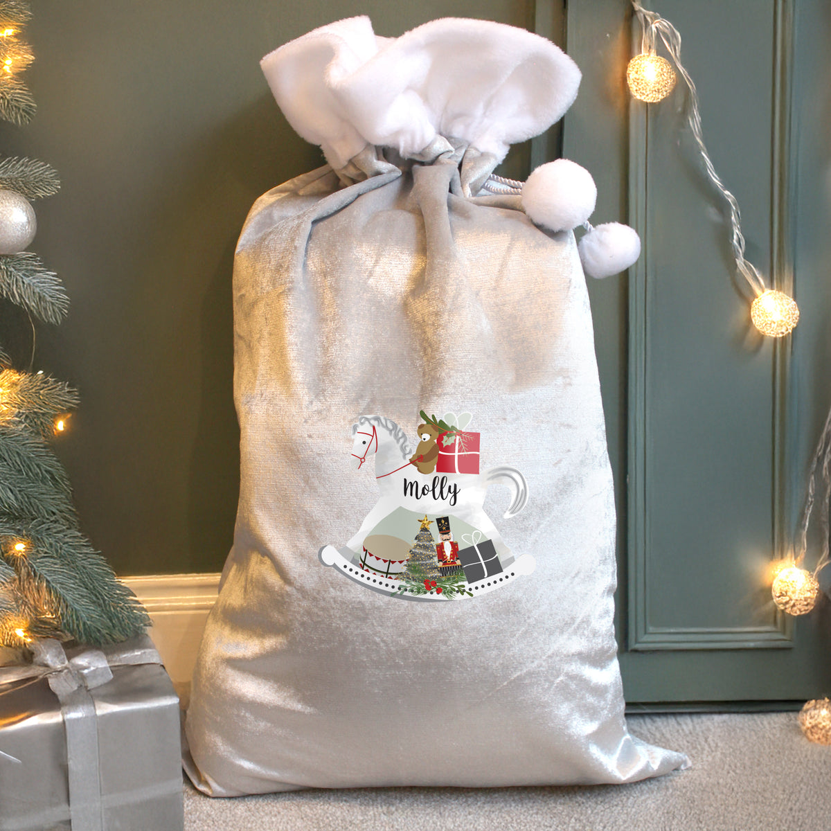 Updated Design: Personalised Rocking Horse Luxury Silver Grey Pom Pom Christmas Sack