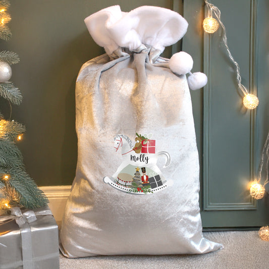 Updated Design: Personalised Rocking Horse Luxury Silver Grey Pom Pom Christmas Sack