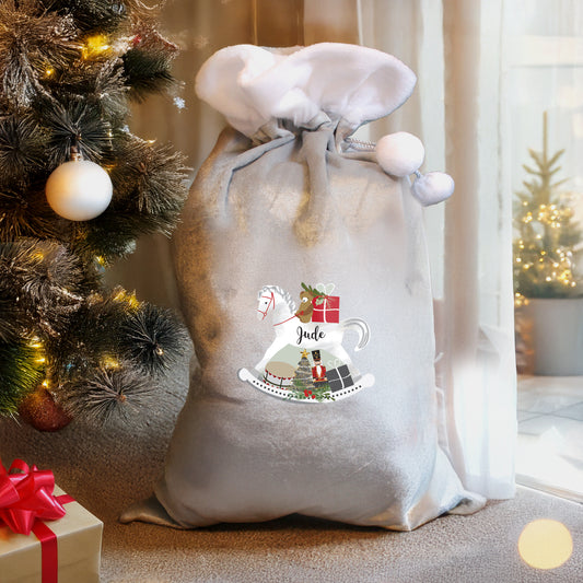 Updated Design: Personalised Rocking Horse Luxury Silver Grey Pom Pom Christmas Sack