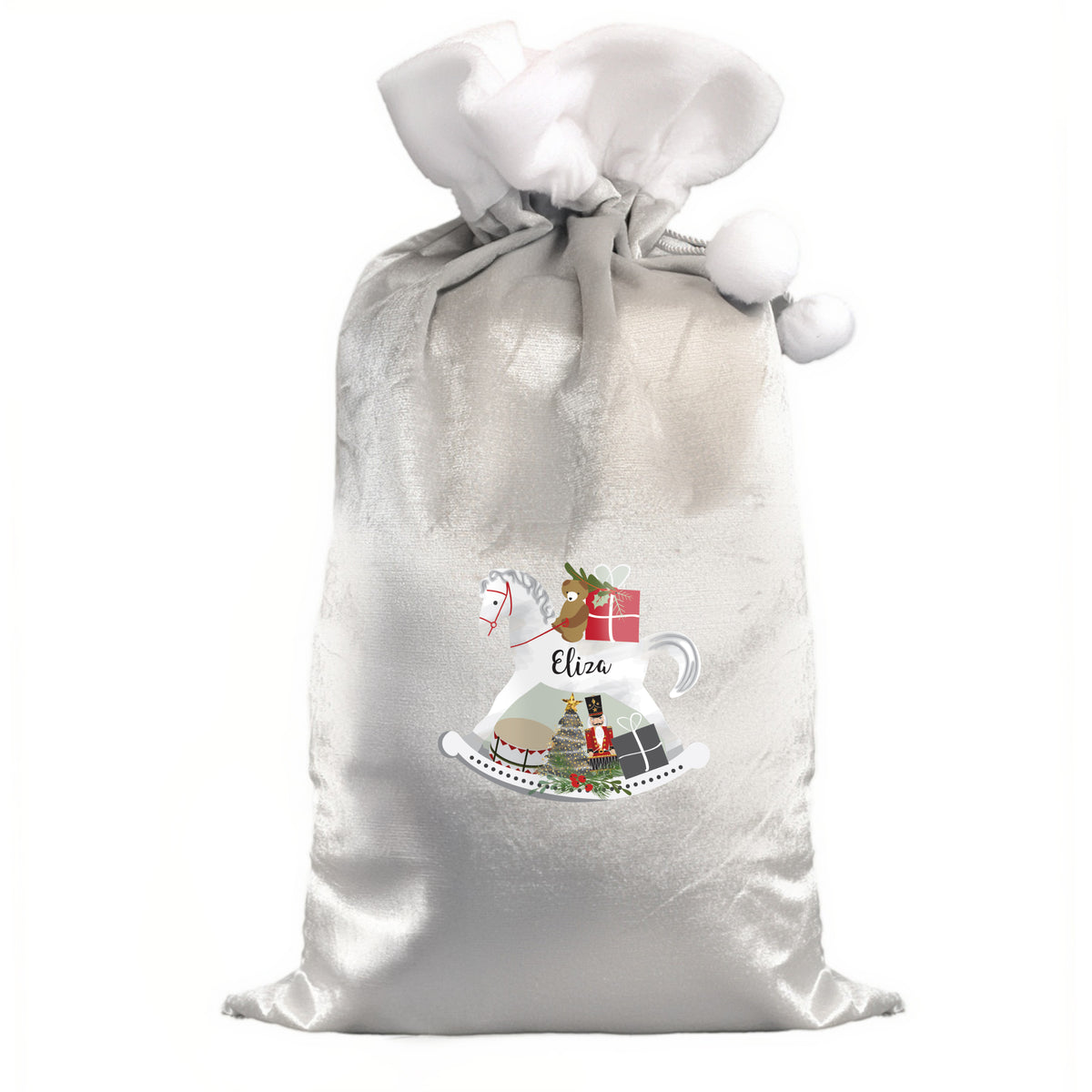 Updated Design: Personalised Rocking Horse Luxury Silver Grey Pom Pom Christmas Sack