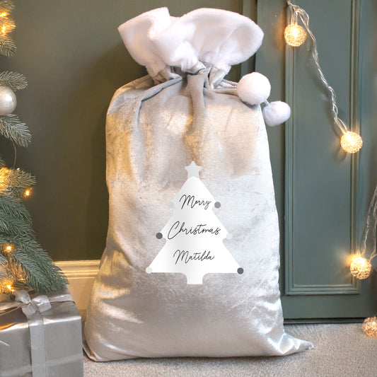 Updated Design: Personalised Christmas Tree Luxury Silver Grey Pom Pom Sack