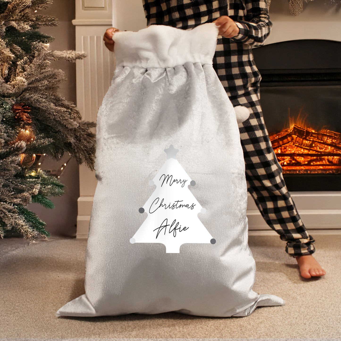 Updated Design: Personalised Christmas Tree Luxury Silver Grey Pom Pom Sack