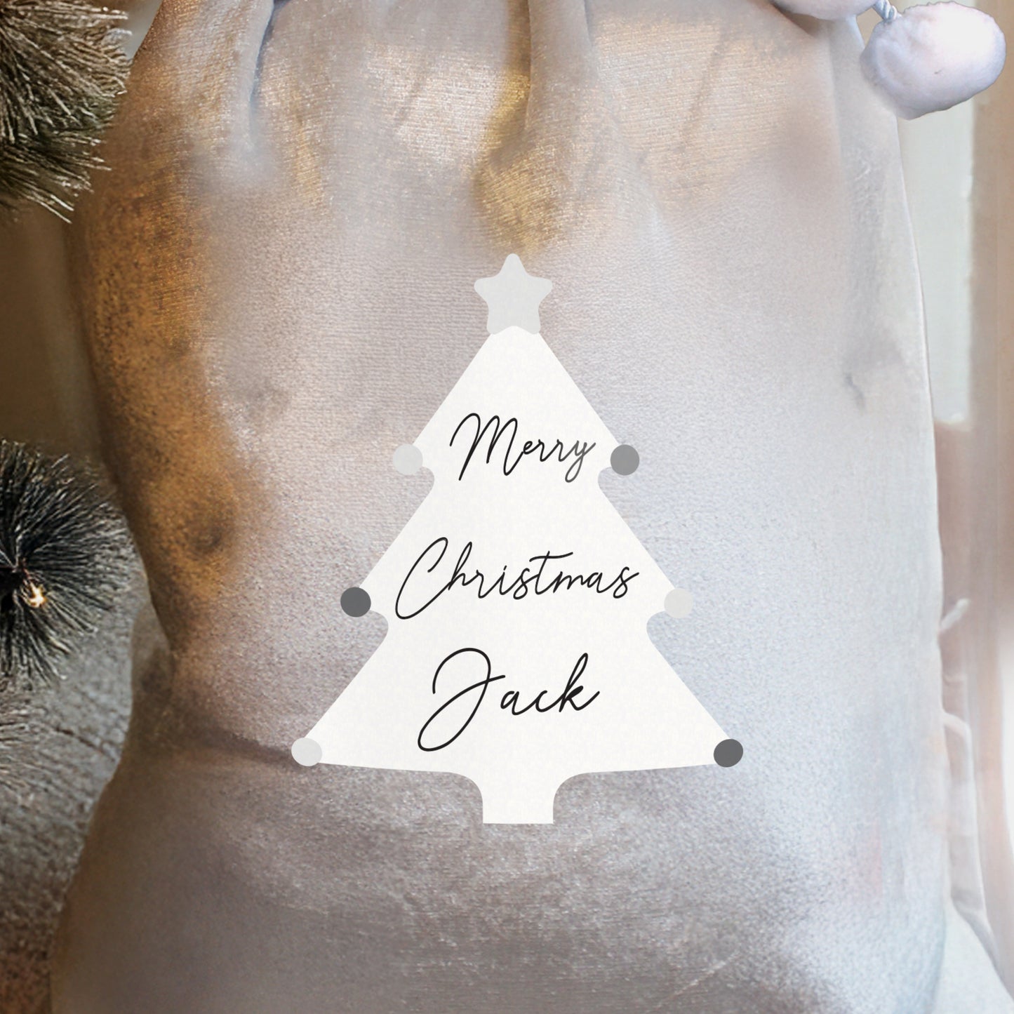 Updated Design: Personalised Christmas Tree Luxury Silver Grey Pom Pom Sack