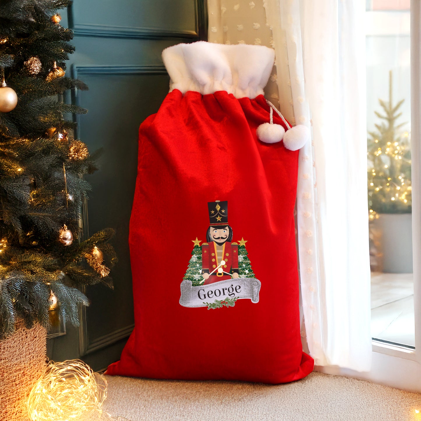 Updated Design: Personalised Red Nutcracker Pom Pom Christmas Sack