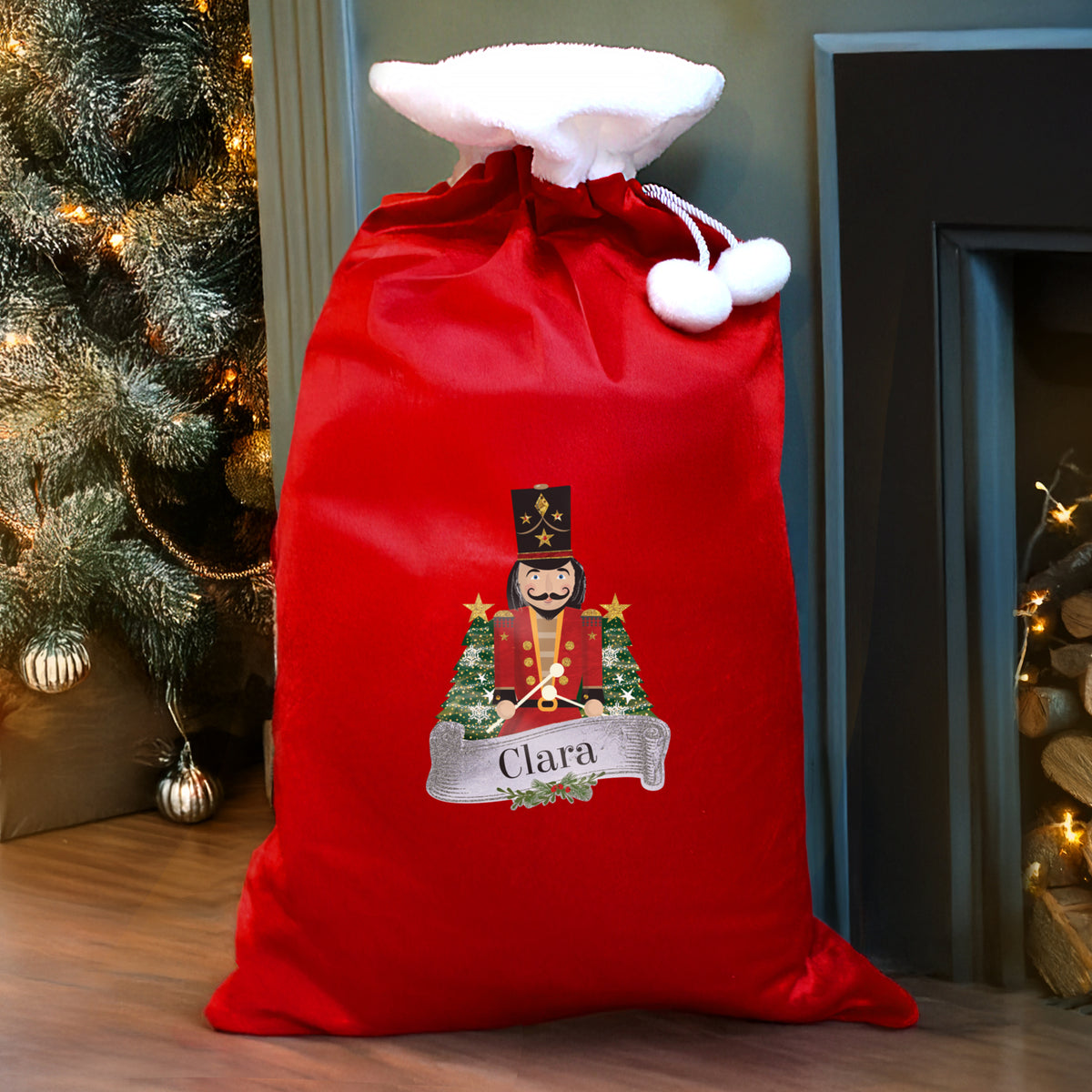 Updated Design: Personalised Red Nutcracker Pom Pom Christmas Sack