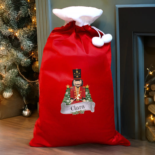 Updated Design: Personalised Red Nutcracker Pom Pom Christmas Sack