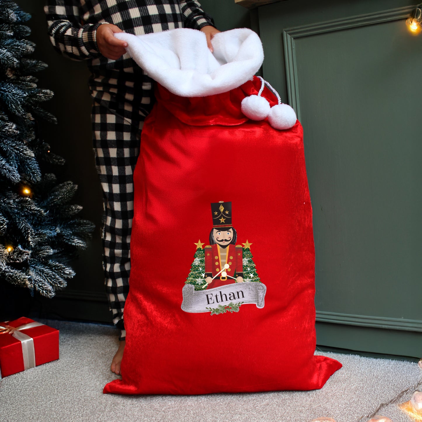 Updated Design: Personalised Red Nutcracker Pom Pom Christmas Sack