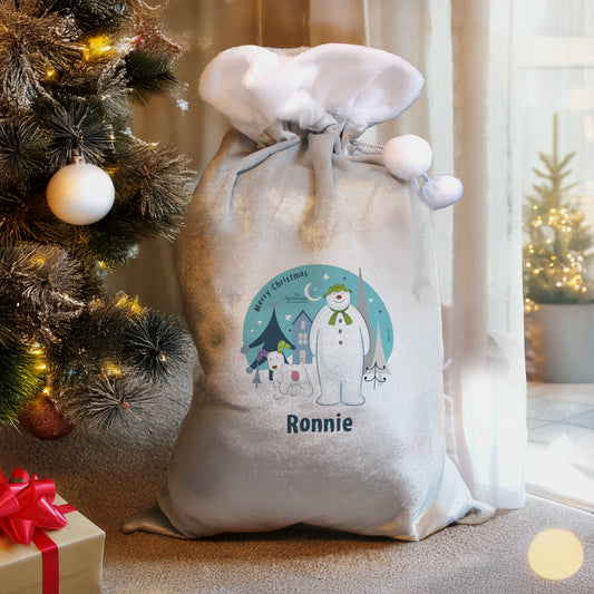 Updated Design: Personalised The Snowman & Snowdog Luxury Silver Christmas Sack