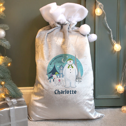 Updated Design: Personalised The Snowman & Snowdog Luxury Silver Christmas Sack