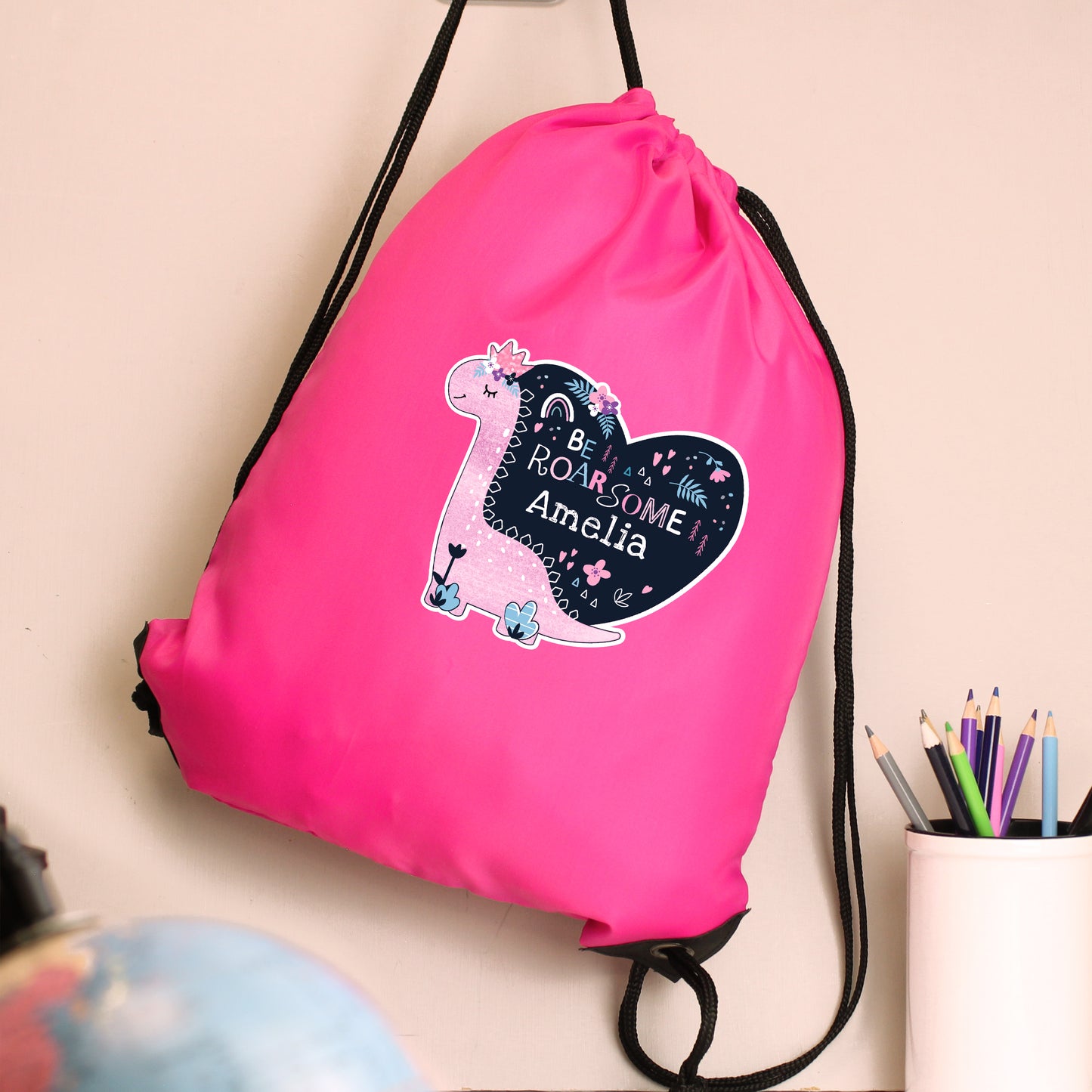 Personalised Dinosaur Swimming, Gym or Kit Bag - Pink