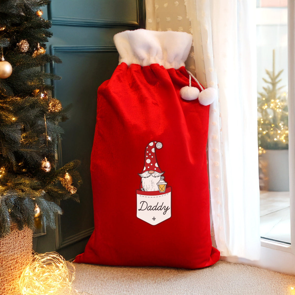 Updated Design: Personalised Pocket Gonk Male Pom Pom Christmas Sack