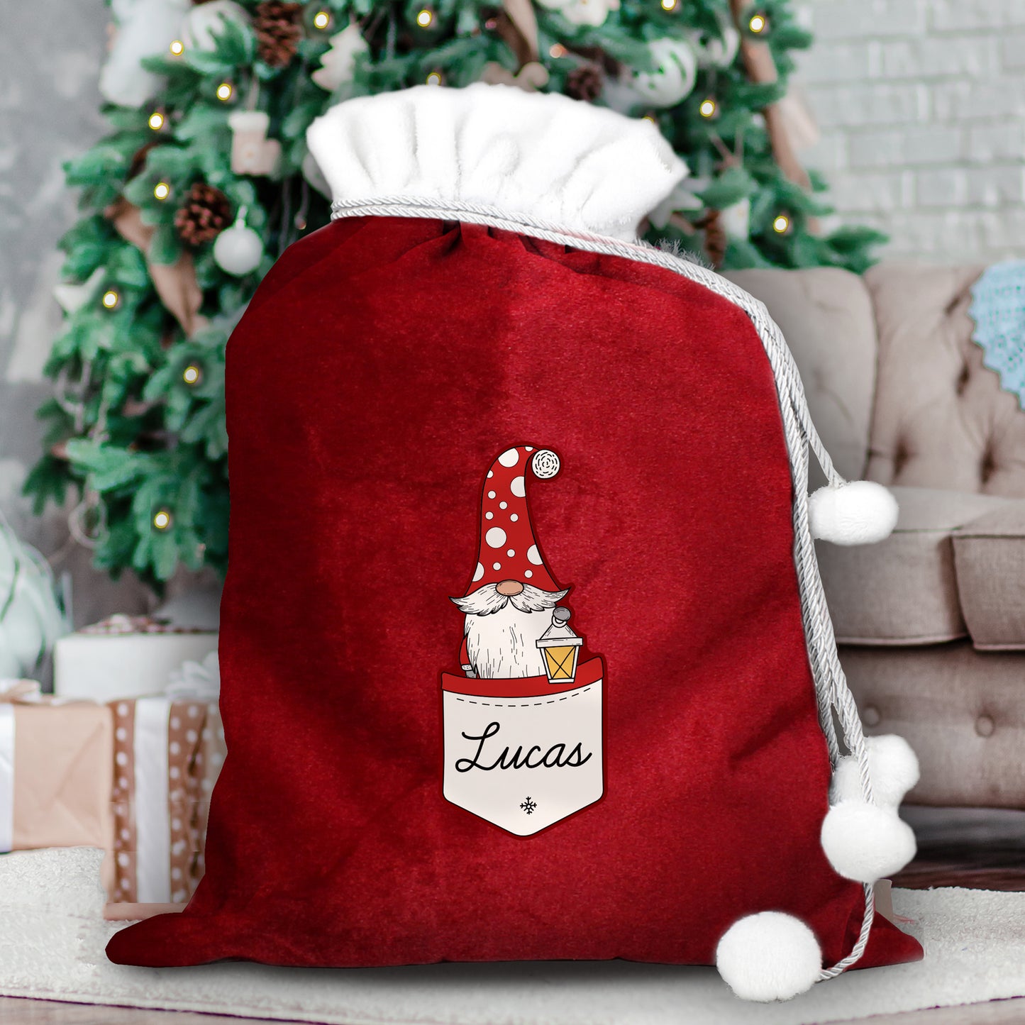 Personalised Pocket Gonk Family Red Christmas Sack - Male/Dad Design