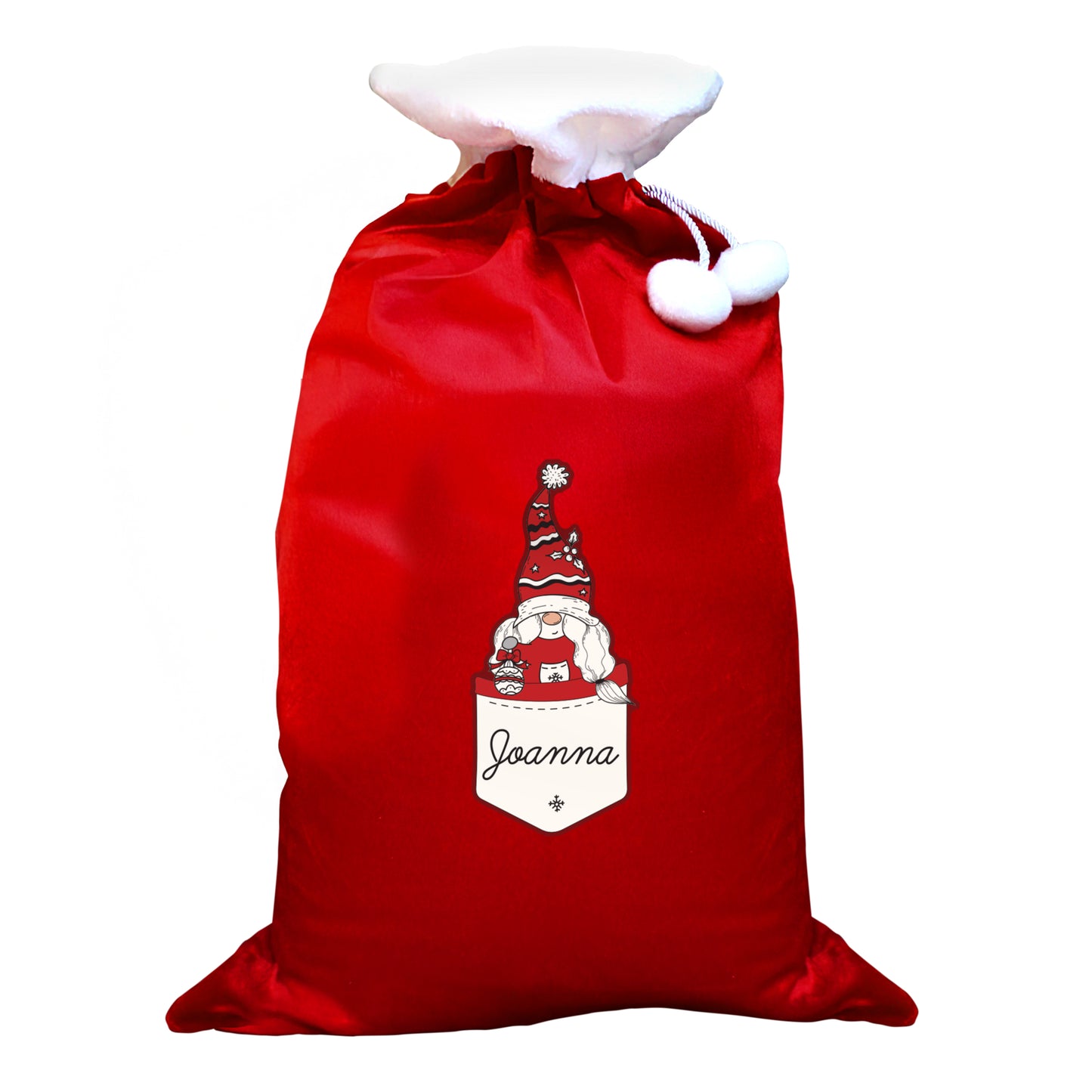 Updated Design: Personalised Pocket Gonk Female Pom Pom Christmas Sack