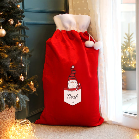 Updated Design: Personalised Pocket Gonk Family Boy Pom Pom Red Christmas Sack