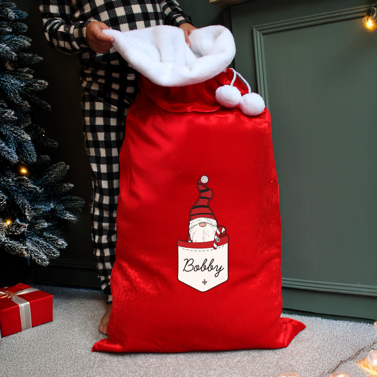 Updated Design: Personalised Pocket Gonk Family Boy Pom Pom Red Christmas Sack