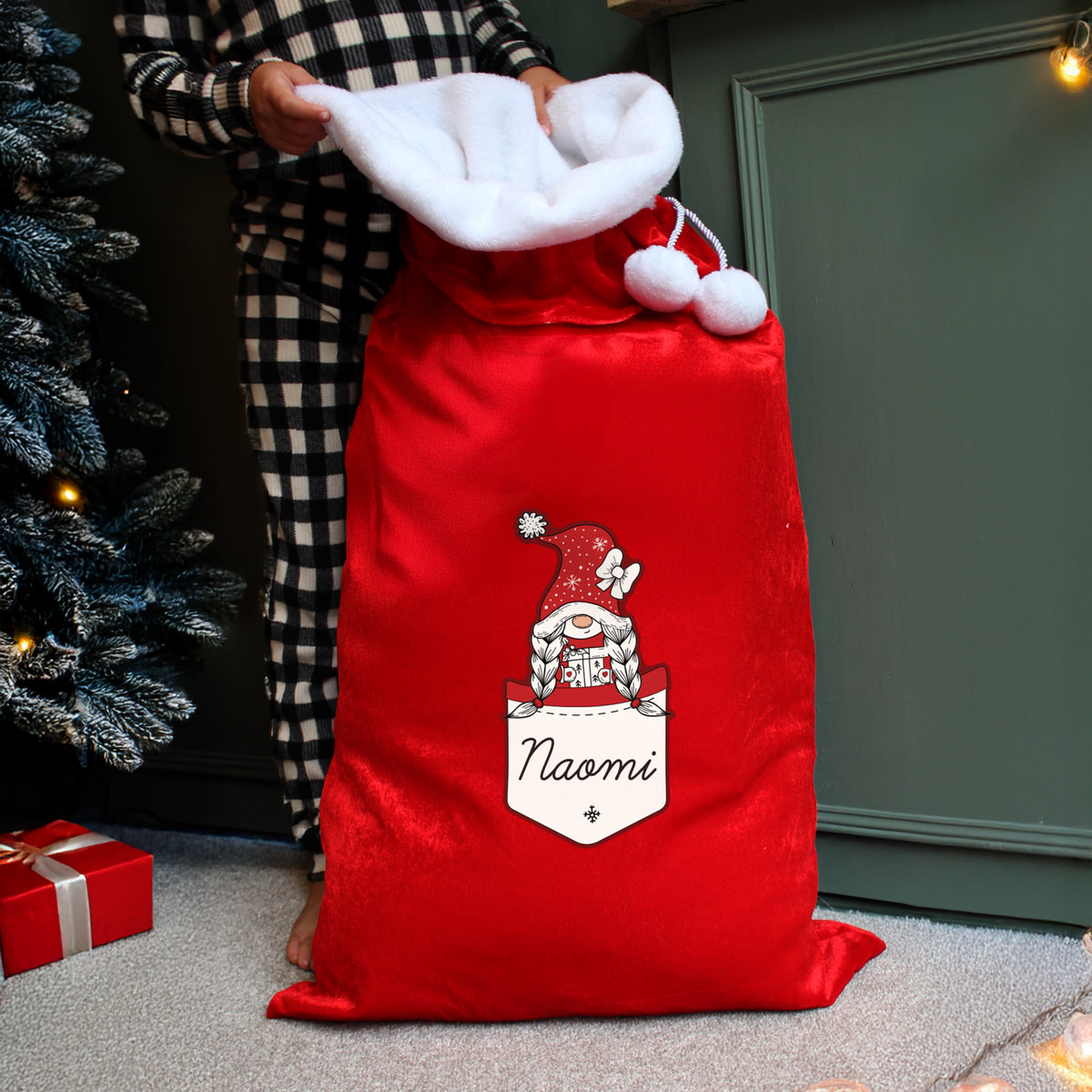 Updated Design: Personalised Pocket Gonk Girl Pom Pom Christmas Sack