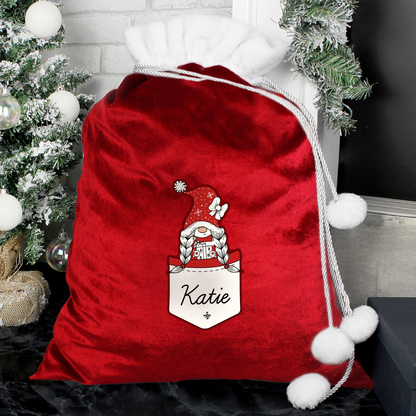 Personalised Pocket Gonk Family Red Christmas Sack - Girl Design