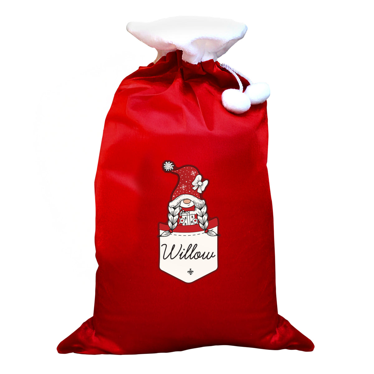 Updated Design: Personalised Pocket Gonk Girl Pom Pom Christmas Sack