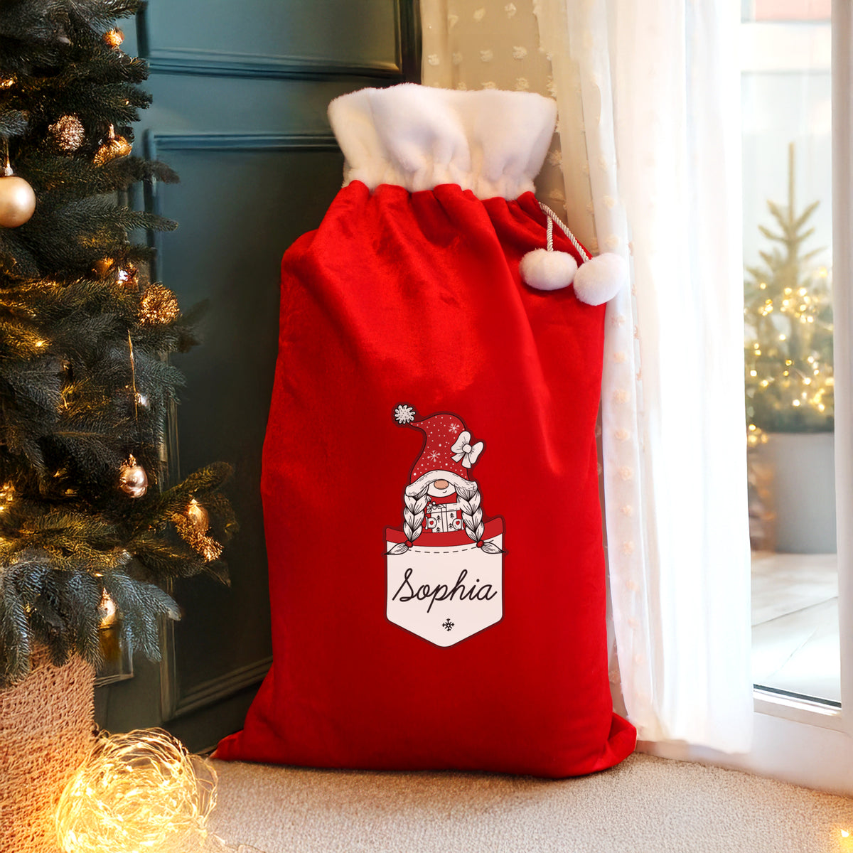 Updated Design: Personalised Pocket Gonk Girl Pom Pom Christmas Sack
